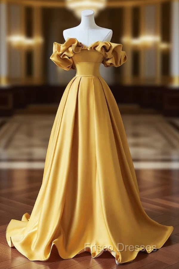 Yellow Saitn Long Formal Prom Dress, Off Shoulder Evening Party Dress Main image