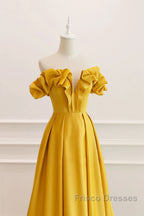 Yellow Satin A-Line Sweetheart Off Shoulder Party Dress, Yellow Long Formal Prom Dress