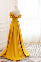 Yellow Satin A-Line Sweetheart Off Shoulder Party Dress, Yellow Long Formal Prom Dress