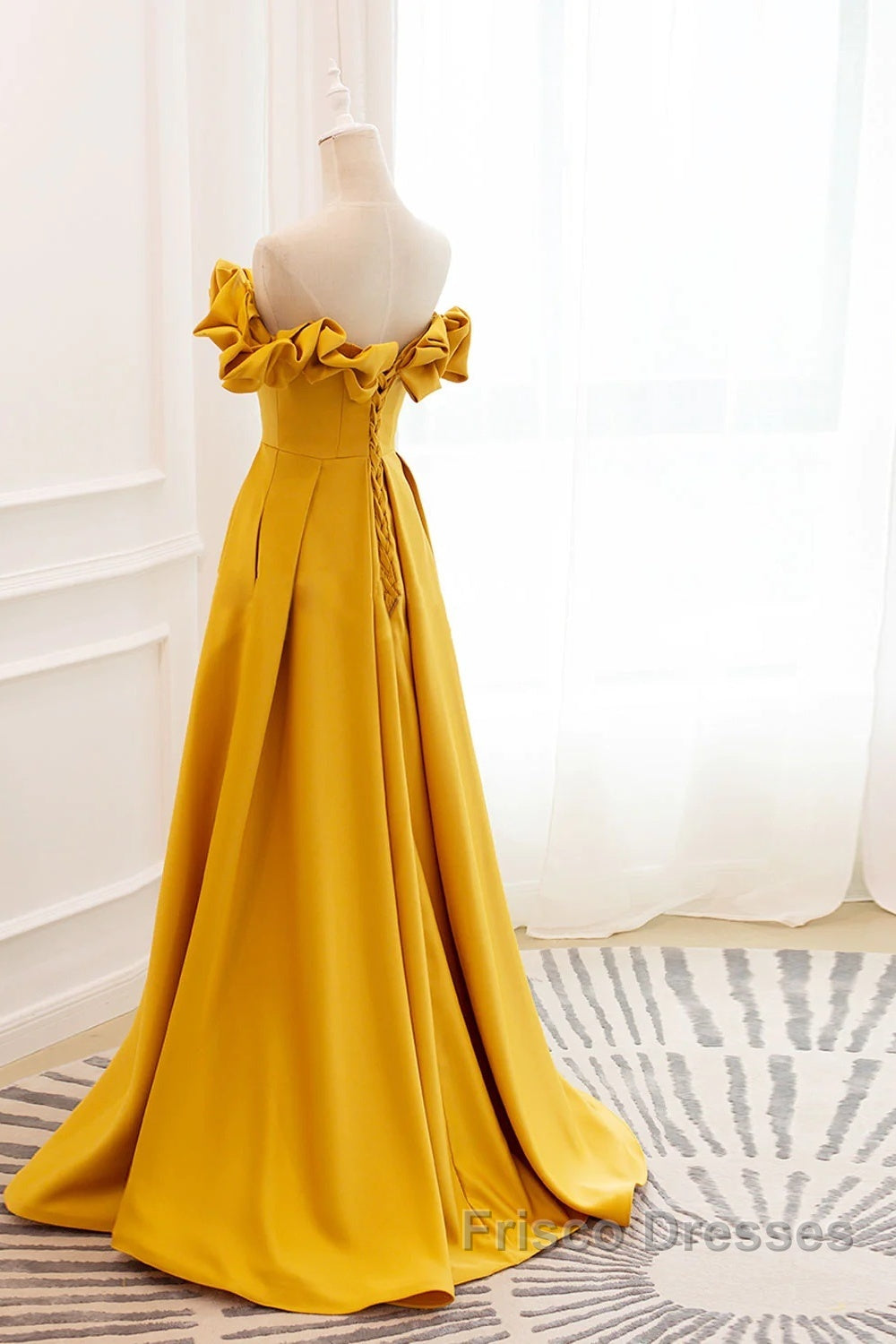 Yellow Satin A-Line Sweetheart Off Shoulder Party Dress, Yellow Long Formal Prom Dress