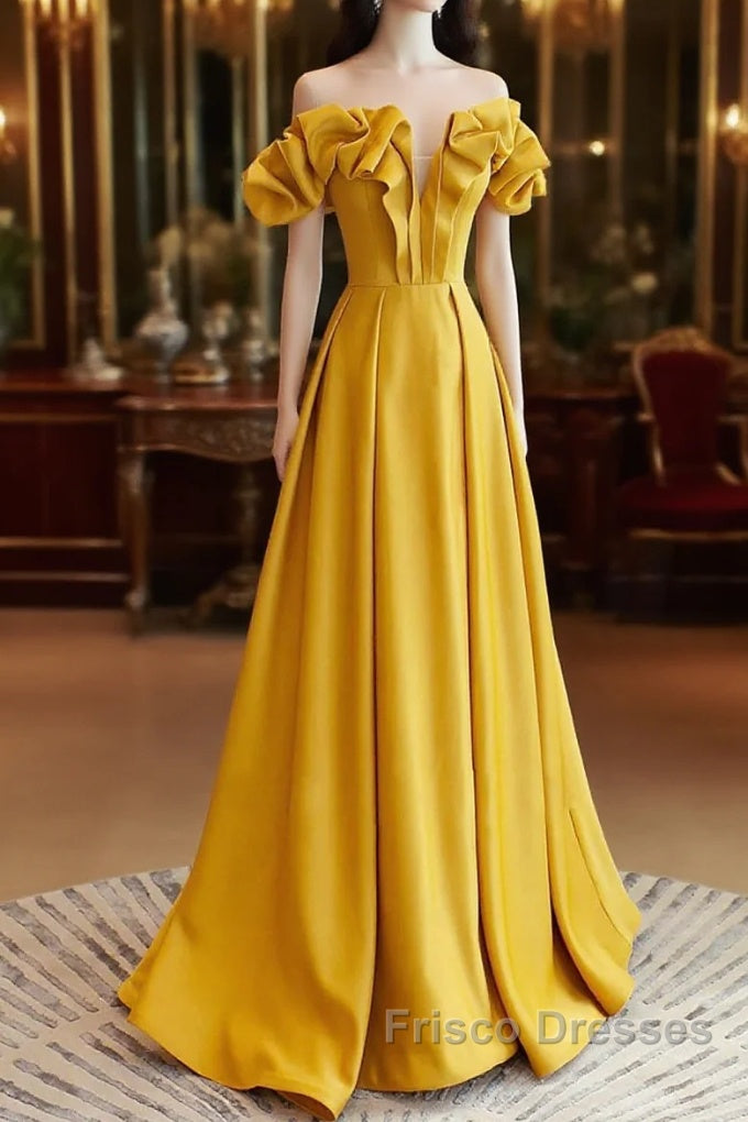 Yellow Satin A-Line Sweetheart Off Shoulder Party Dress, Yellow Long Formal Prom Dress Main image