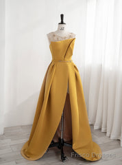 Yellow Satin Backless Beading Prom Dress