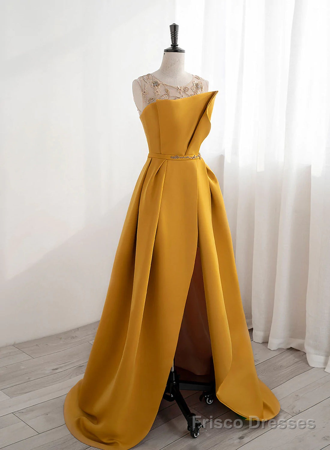Yellow Satin Beaded Long Prom Dress with Leg Slit, Yellow A-line Party Dress Secondary image