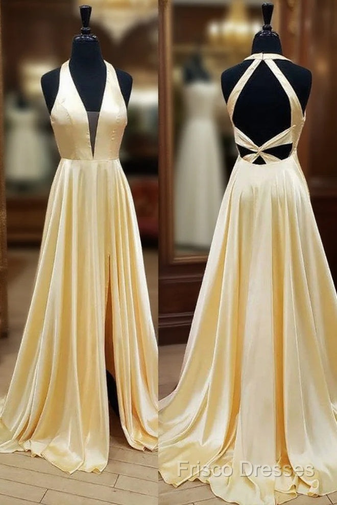 Yellow Satin Halter Backless A Line Formal Prom Dress With Slit Main image