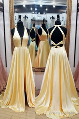 Yellow Satin Halter Backless A Line Prom Dress With Slit