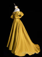 Yellow Satin Long Formal Prom Dress, Off The Shoulder A-Line Formal Party Dress