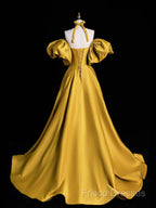 Yellow Satin Long Formal Prom Dress, Off The Shoulder A-Line Formal Party Dress