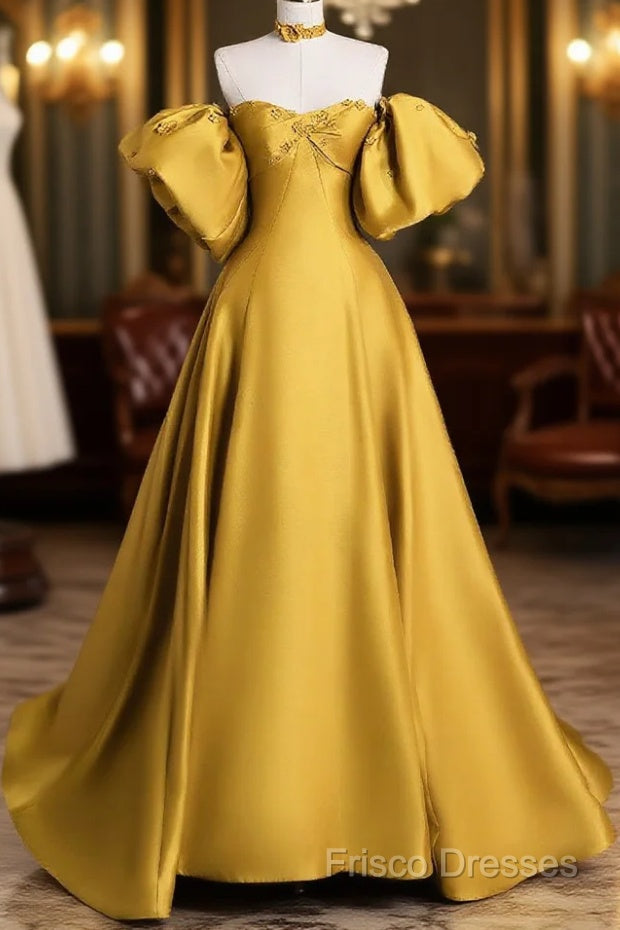 Yellow Satin Long Formal Prom Dress, Off The Shoulder A-Line Formal Party Dress Main image
