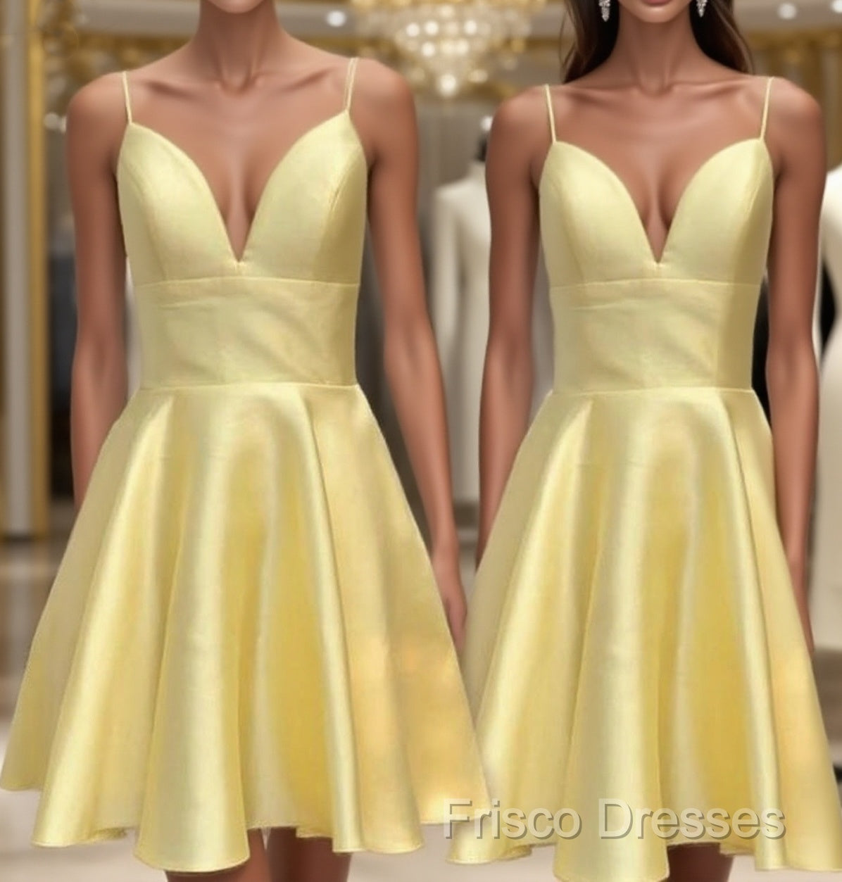 Yellow Satin Short Graduation Formal Prom Dress ,Spaghetti Straps Homecoming Dress