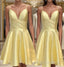 Yellow Satin Short Graduation Formal Prom Dress ,Spaghetti Straps Homecoming Dress