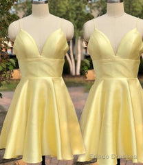 Yellow Satin Short Graduation Prom Dress ,Spaghetti Straps Homecoming Dress