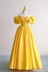 Yellow Satin Short Sleeves Party Dress, Yellow Satin Prom Dress Formal Dress