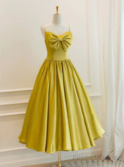 Yellow Satin Spaghetti Straps Bow Tea Length Prom Dress