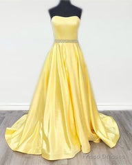 Yellow Satin Strapless Ball Gown Dresses Beaded Sashes