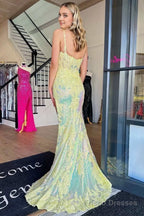 Yellow Sequin Appliques Scoop Neck Mermaid Long Prom Dress with Slit