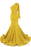 Yellow Sequins Mermaid Prom Dresses One Shoulder Evening Dresses Floor Length Wedding Party Gowns