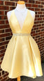 Yellow Short V Neck Prom Dress Homecoming Dress Waist With Beaded