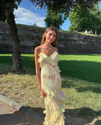 Yellow Spaghetti Straps Ruffle Long Prom Dress With Ruffles
