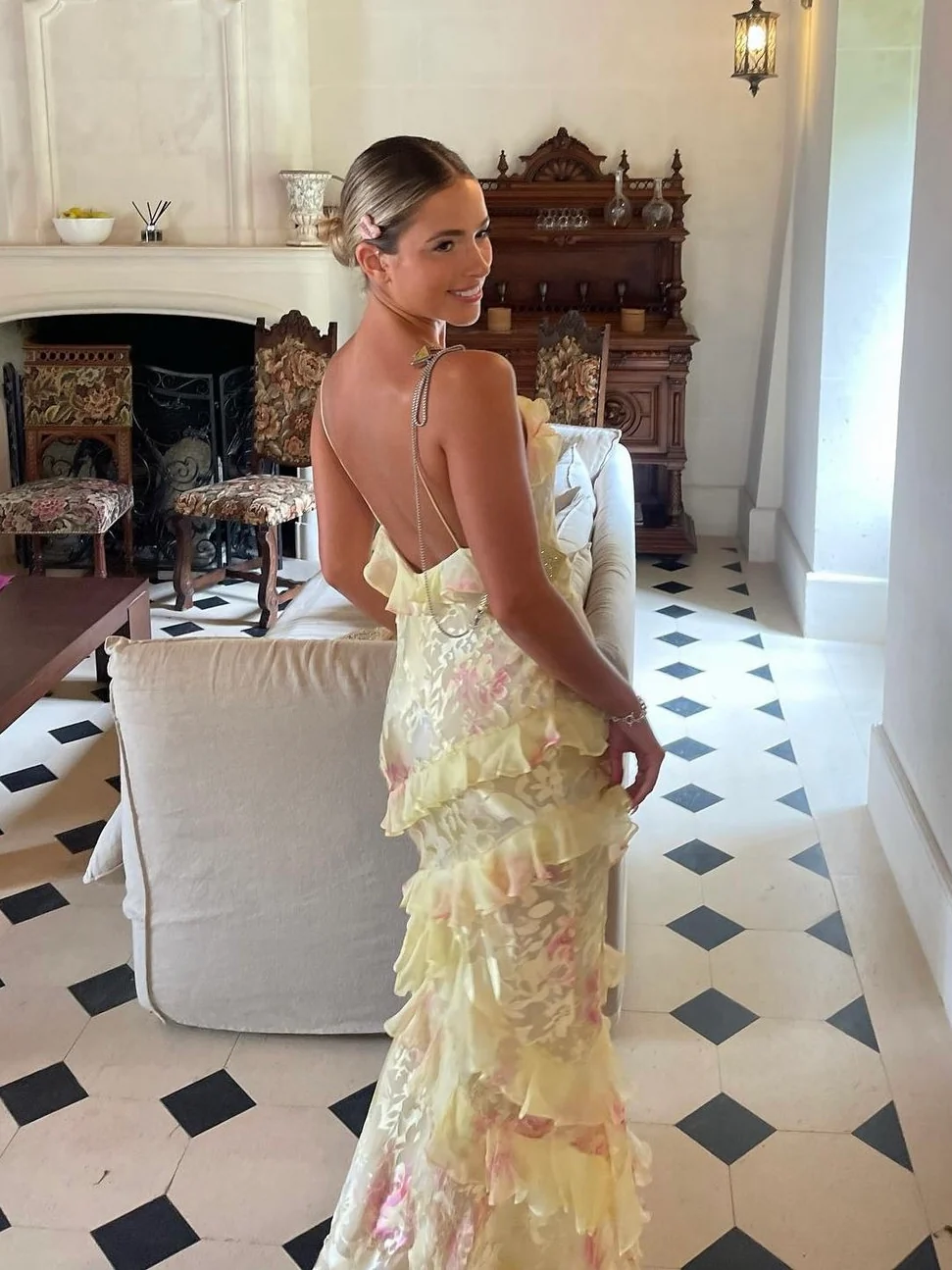 Yellow Spaghetti Straps Ruffle Long Prom Dress With Ruffles Secondary image
