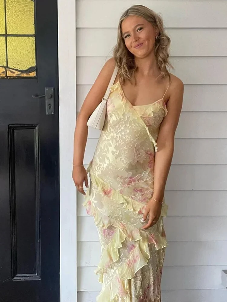 Yellow Spaghetti Straps Ruffle Long Prom Dress With Ruffles