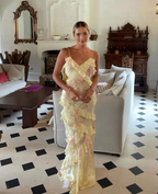 Yellow Spaghetti Straps Ruffle Long Prom Dress With Ruffles