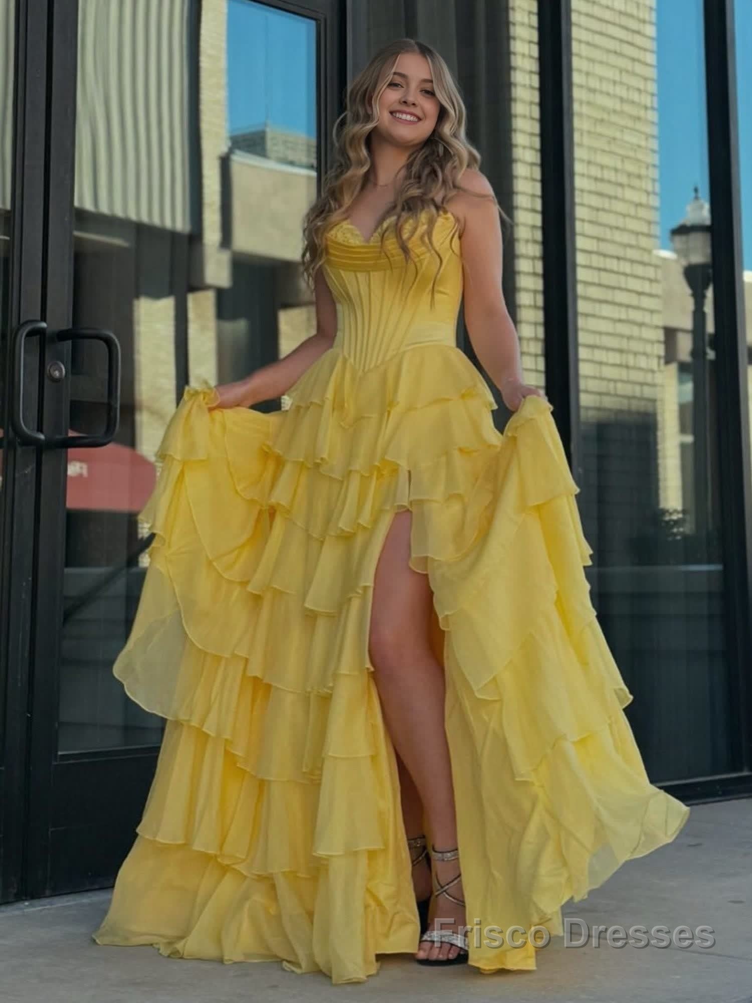 Yellow Strapless A-Line Ruffle Long Prom Dress With Split Main image