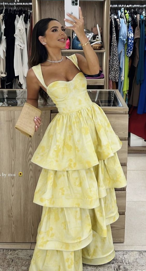 Yellow Sweetheart Sleeveless Ruffle Floor Length Prom Dress Birthday Outfits Main image