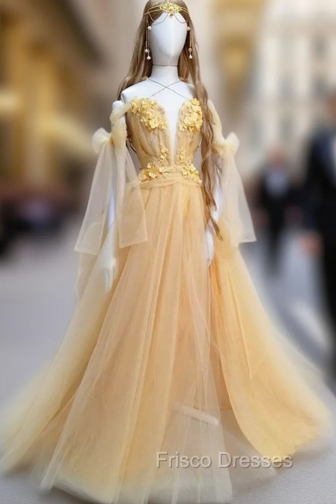 Yellow Sweetheart Tulle Lace Long Formal Prom Dress Yellow Formal Dress Main image