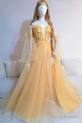 Yellow Sweetheart Tulle Lace Long Prom Dress Yellow Formal Dress