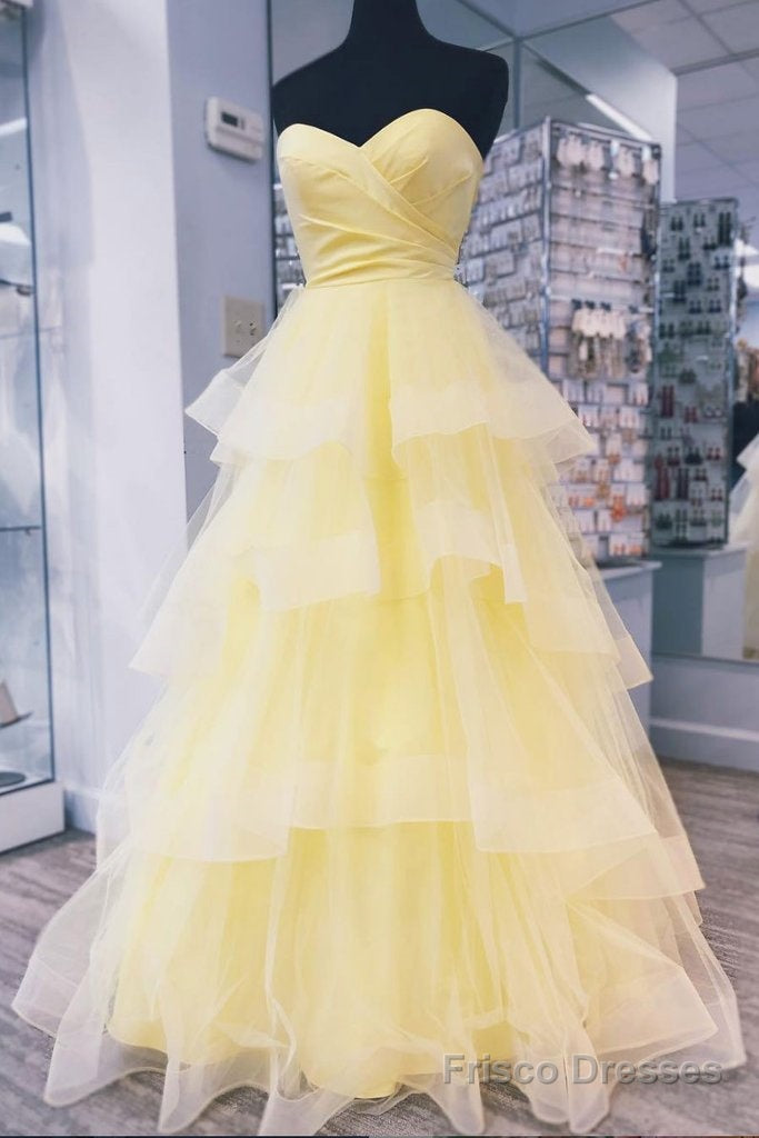 Yellow Sweetheart Tulle Long Prom Dress With Layered Graduation Gown Secondary image