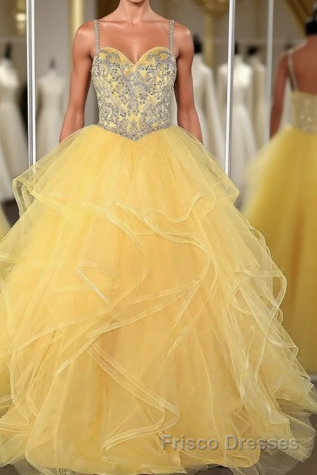 Yellow sweetheart tulle sequin long Formal Prom Dresses, yellow evening Dresses Main image