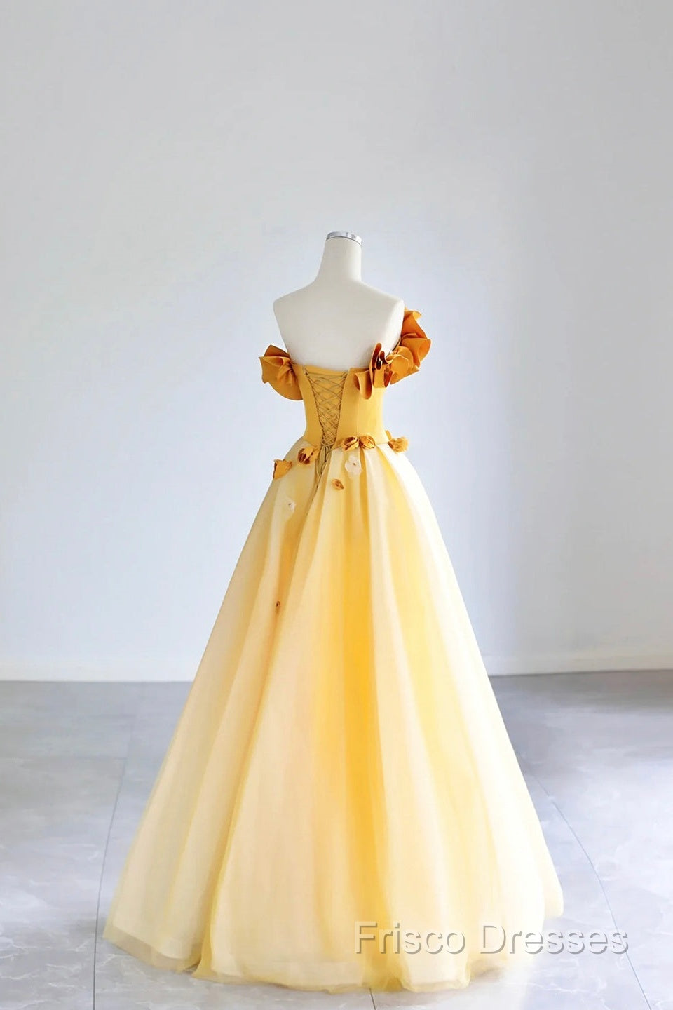 Yellow Tulle Applique Long Formal Prom Dress, Off The Shoulder Sleeveless Backless Long Formal Dress