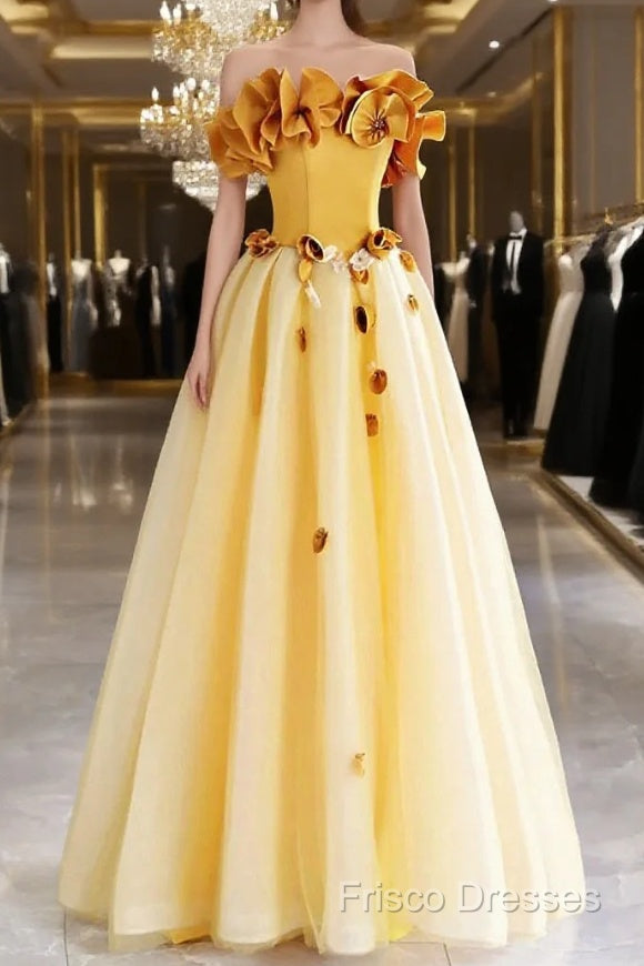 Yellow Tulle Applique Long Formal Prom Dress, Off The Shoulder Sleeveless Backless Long Formal Dress Main image