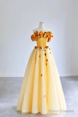Yellow Tulle Applique Long Prom Dress, Off The Shoulder Sleeveless Backless Long Formal Evening Dress