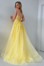 Yellow Tulle Appliques Lace-Up A-Line Long Prom Dress