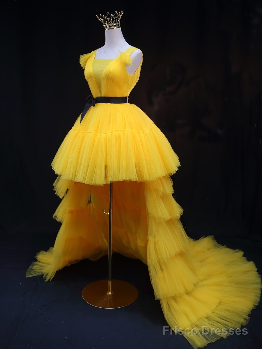Yellow Tulle High Low Prom Dress, Yellow Formal Evening Dress
