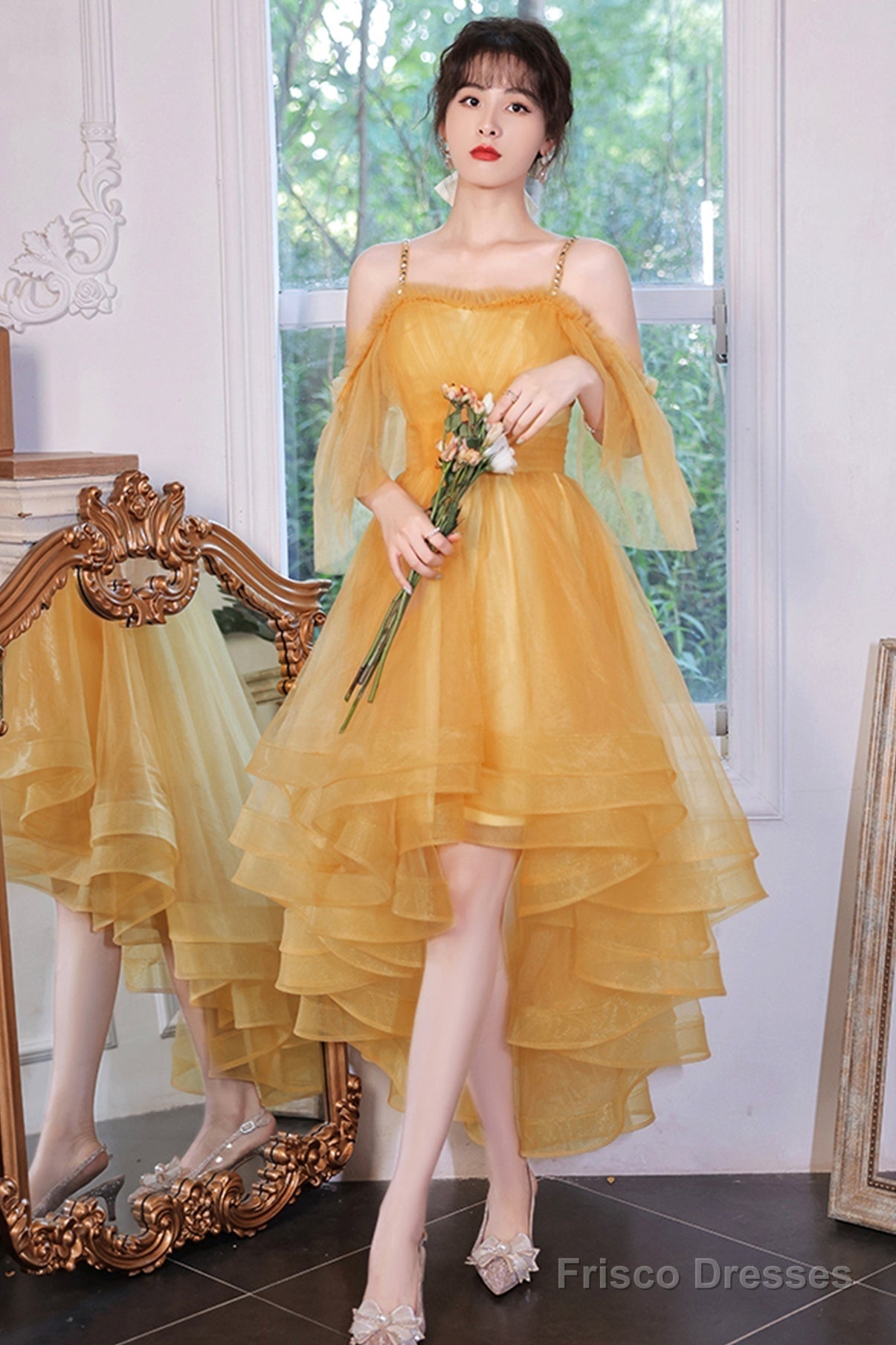 Yellow Tulle High Low Prom Dresses, A-Line Evening Dresses Main image