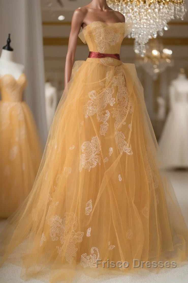 Yellow tulle lace long Formal Prom Dresses, yellow tulle formal Dresses Main image