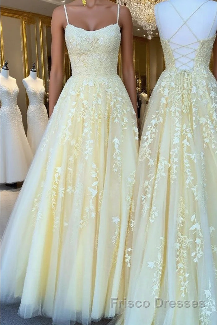 Yellow tulle lace long Formal Prom Dresses, yellow tulle lace formal Dresses