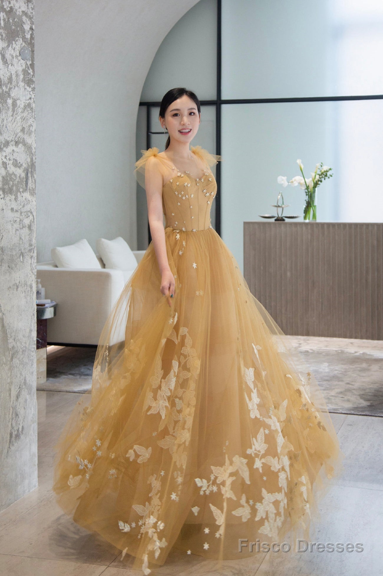 Yellow Tulle Lace Long Prom Dresses, A-Line Evening Gowns Secondary image