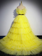 Yellow Tulle Long Prom Dress, Yellow Tulle Formal Dress