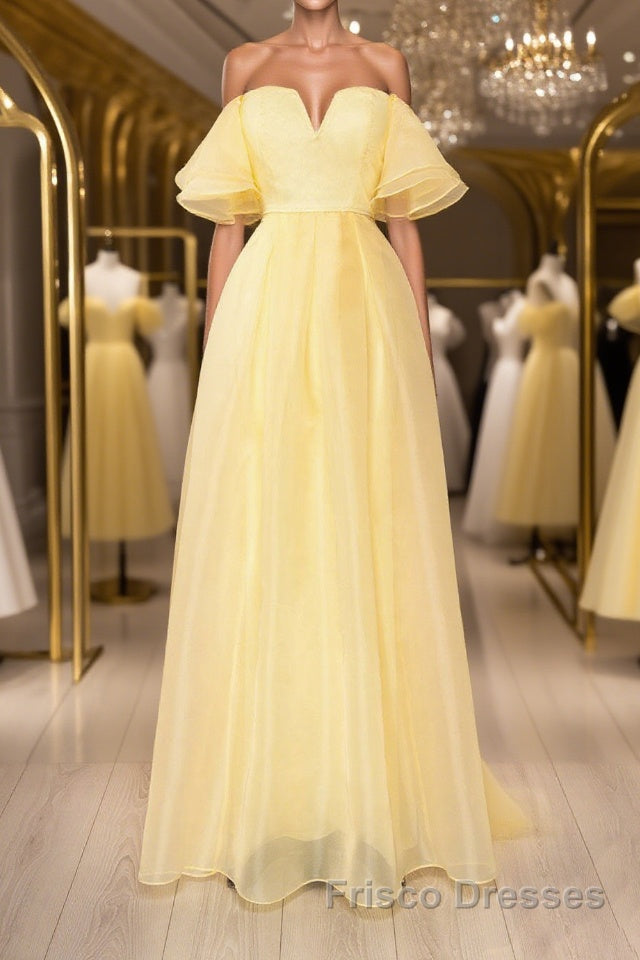 Yellow tulle off shoulder long Formal Prom Dresses yellow formal Dresses Main image