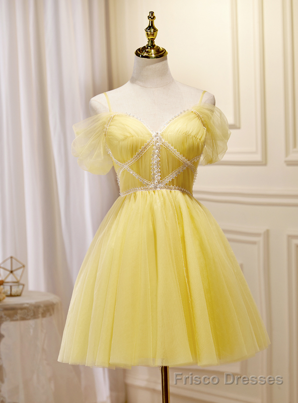 Yellow Tulle Off the Shoulder Pleats Homecoming Dress Main image