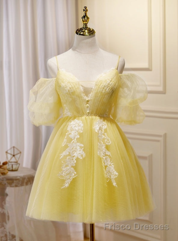Yellow Tulle Puff Sleeve Spaghetti Straps Homecoming Dress Main image