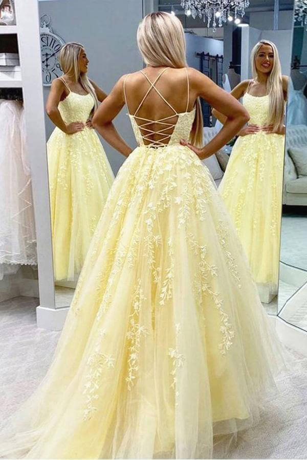 Yellow Tulle Spaghetti Straps Scoop A-Line Prom Dresses With Appliques Secondary image