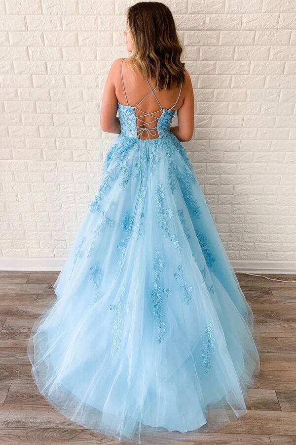 Yellow Tulle Spaghetti Straps Scoop A-Line Prom Dresses With Appliques