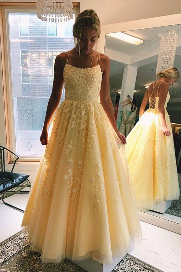 Yellow Tulle Spaghetti Straps Scoop A-Line Prom Dresses With Appliques Main image