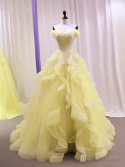 Yellow Tulle With Lace Sweetheart Long Formal Dress, Yellow Tulle Prom Dress