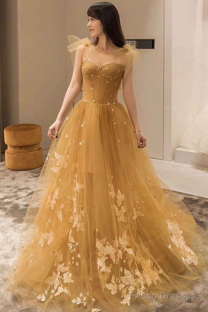 Yellow Tulle With White Lace Long Evening Dress, Yellow Straps Prom Dresses Main image