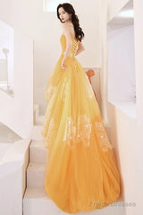 Yellow Unique High Low Tulle With Lace Prom Dress, Yellow Formal Dress Evening Dress